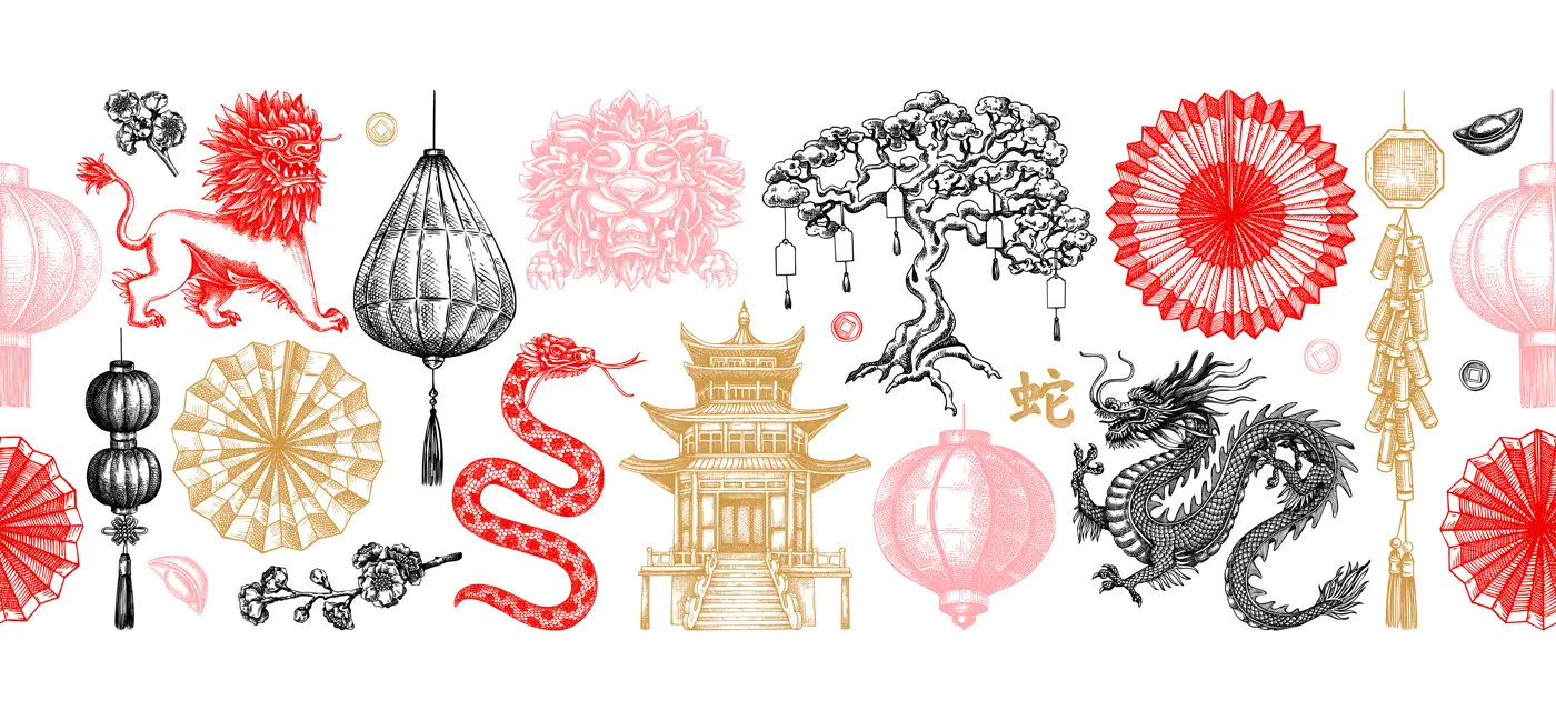 Chinese New Year decoration in sketch style. China seamless border on chalkboard. NOT AT generated Illustration